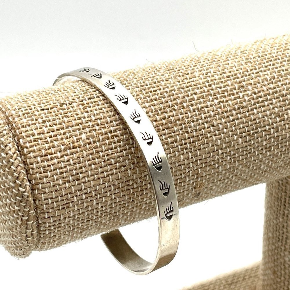 Vintage Dave Skeets Navajo Artisan Sterling Silver Bear Paw Tracks Cuff Bracelet